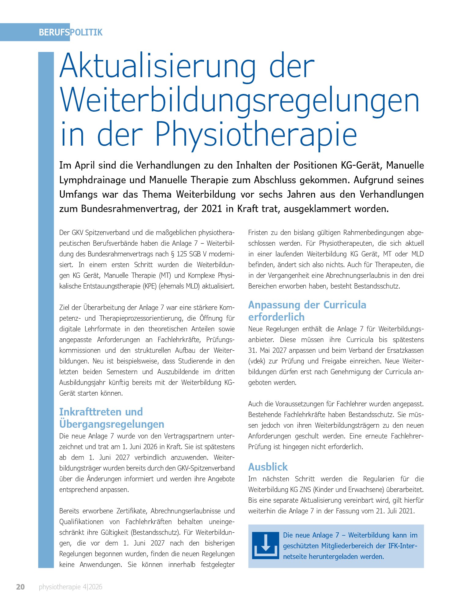 Vorschauseite 1: Aktualisierung der Weiterbildungsregelungen in der Physiotherapie