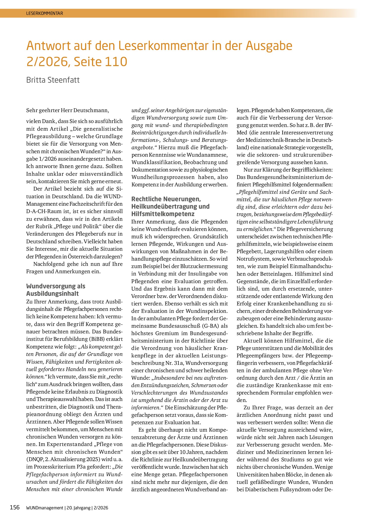 Vorschauseite 1: Leserkommentar: Antwort auf den Leserkommentar in der Ausgabe 2/2026, Seite 110
