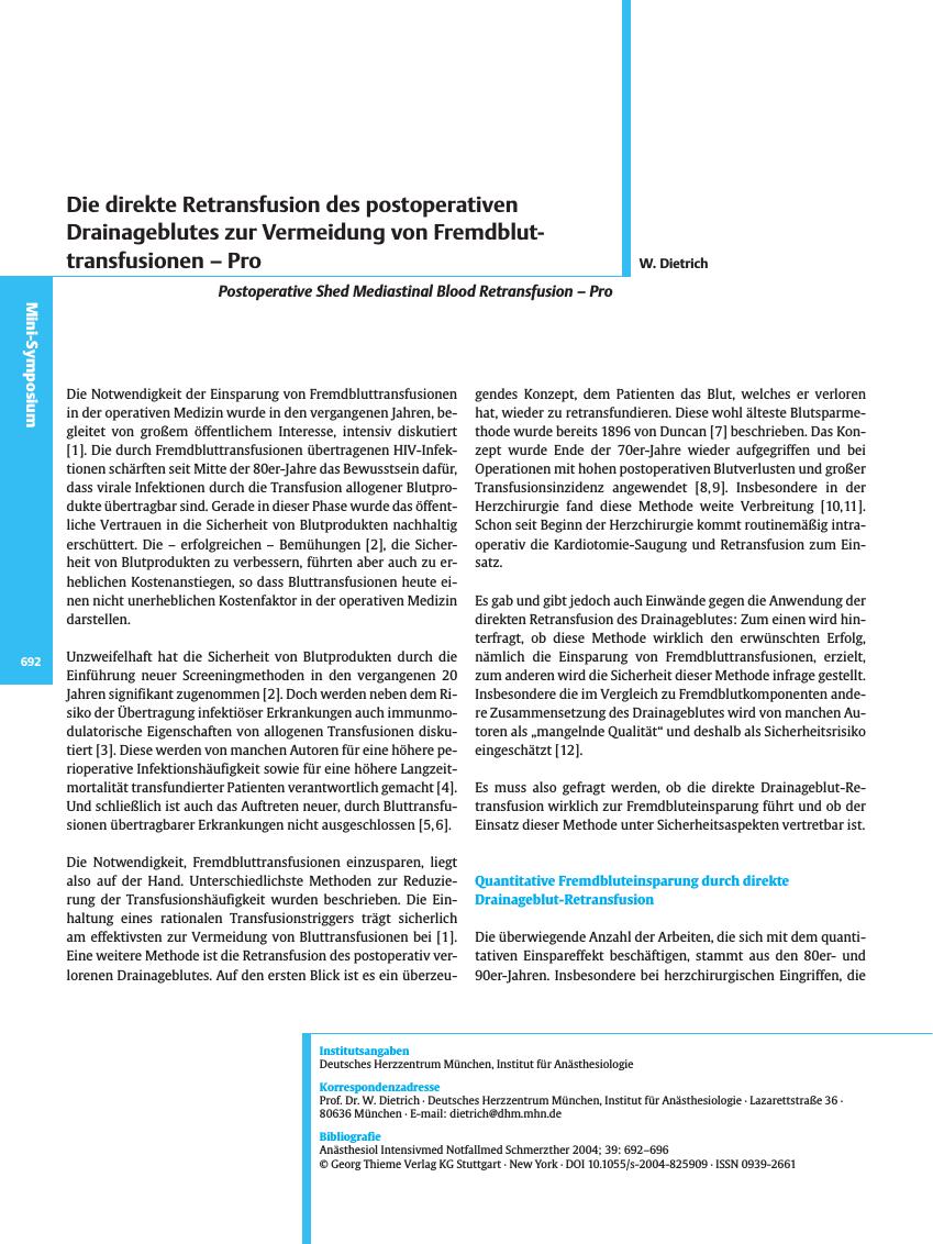 Vorschauseite 1: 3. Internationales Symposium: „Autologe Transfusion - Von der Euphorie zur Ratio: Praktisches Handeln aus wissenschaftlicher Sicht” (Teil II)Die direkte Retransfusion des postoper…