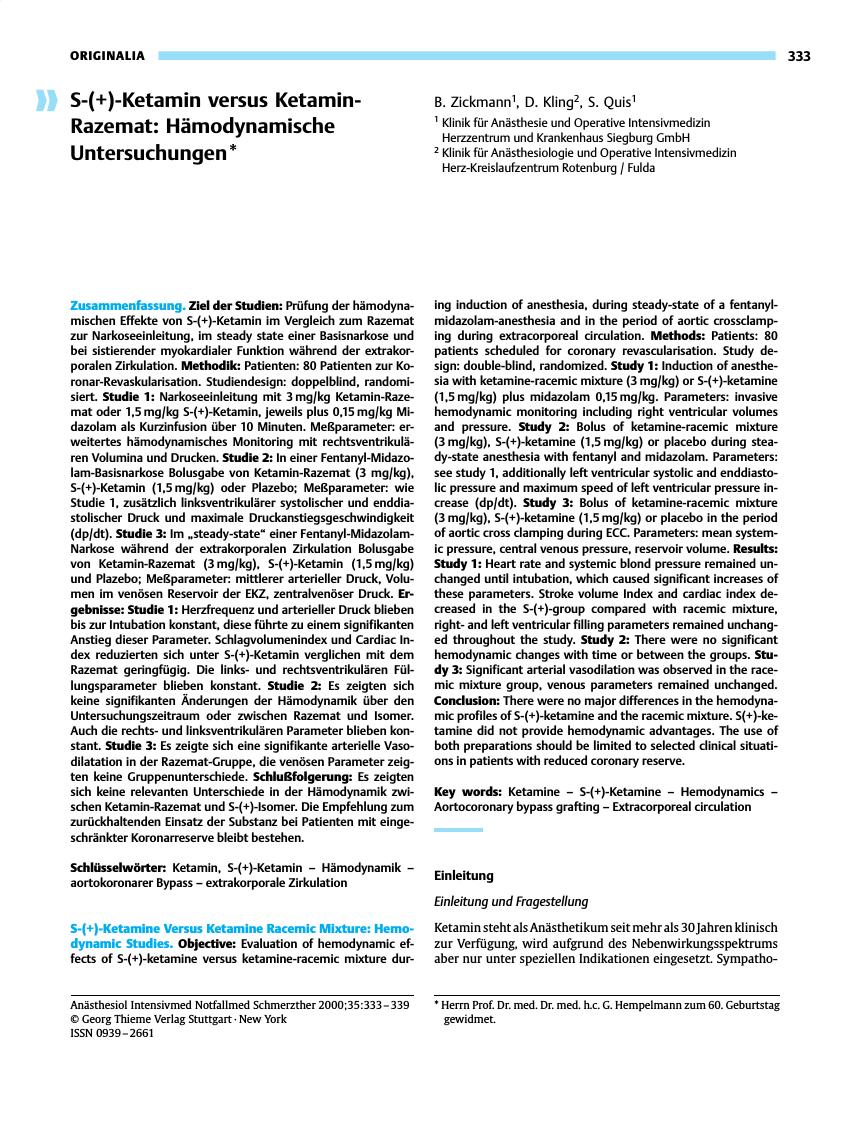 Vorschauseite 1: S-(+)-Ketamin versus Ketamin-Razemat: Hämodynamische Untersuchungen*