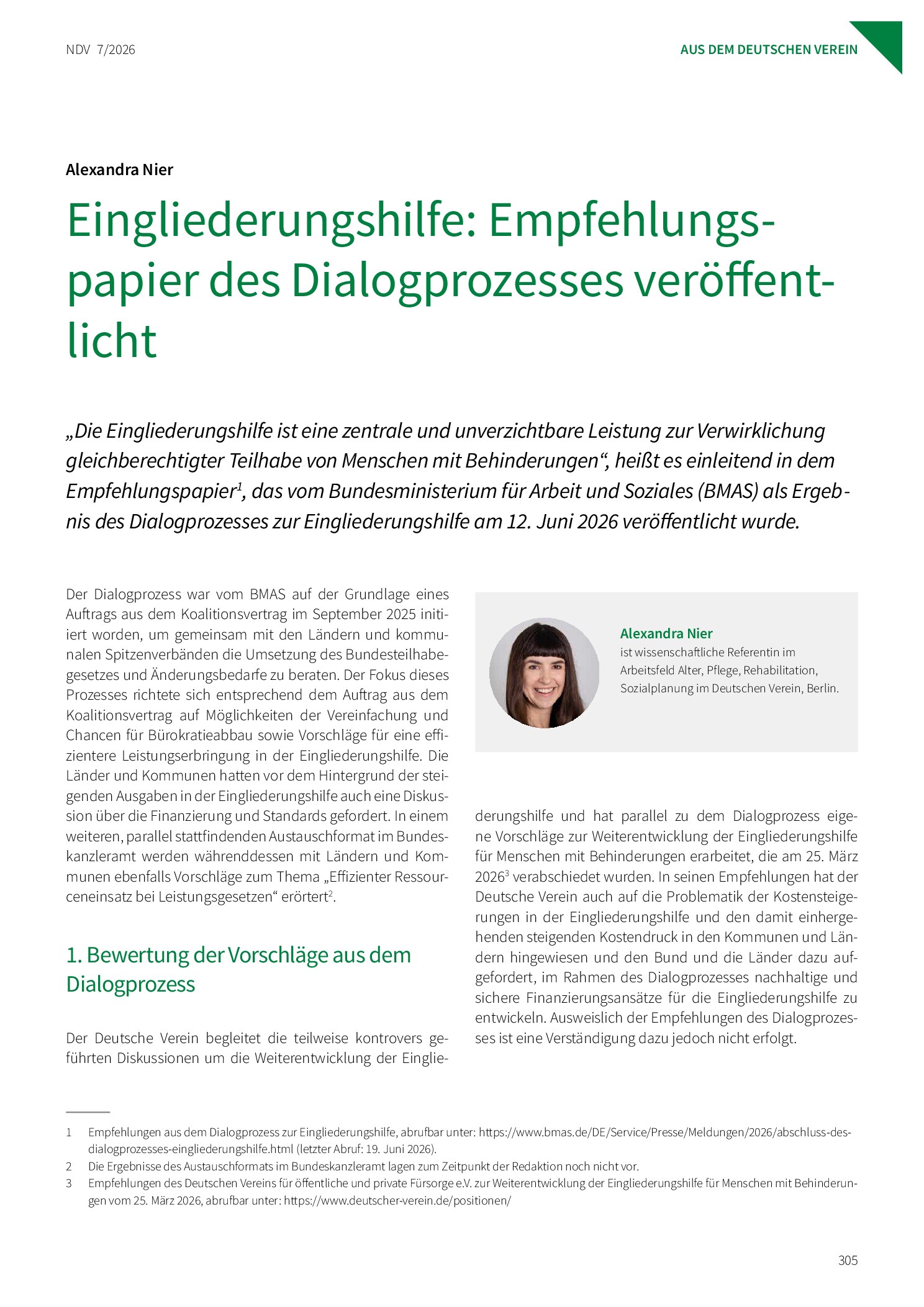 Vorschauseite 1: Eingliederungshilfe: Empfehlungspapier des Dialogprozesses veröffentlicht