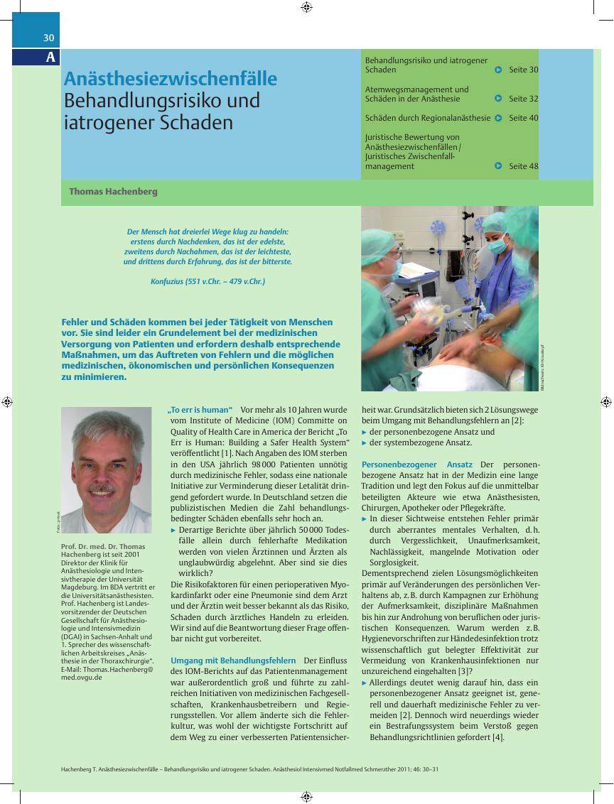 Vorschauseite 1: Anästhesiezwischenfälle – Behandlungsrisiko und iatrogener Schaden