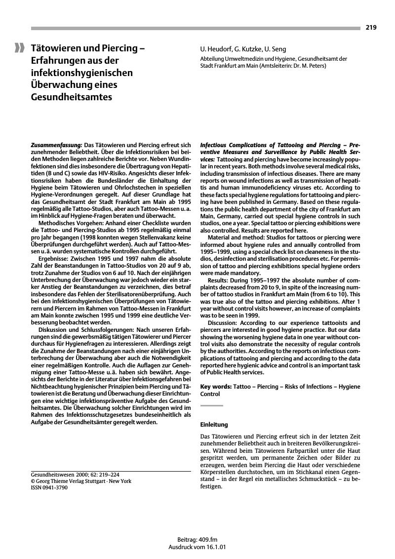 Vorschauseite 1: Tätowieren und Piercing - Erfahrungen aus der infektionshygienischen Überwachung eines Gesundheitsamtes