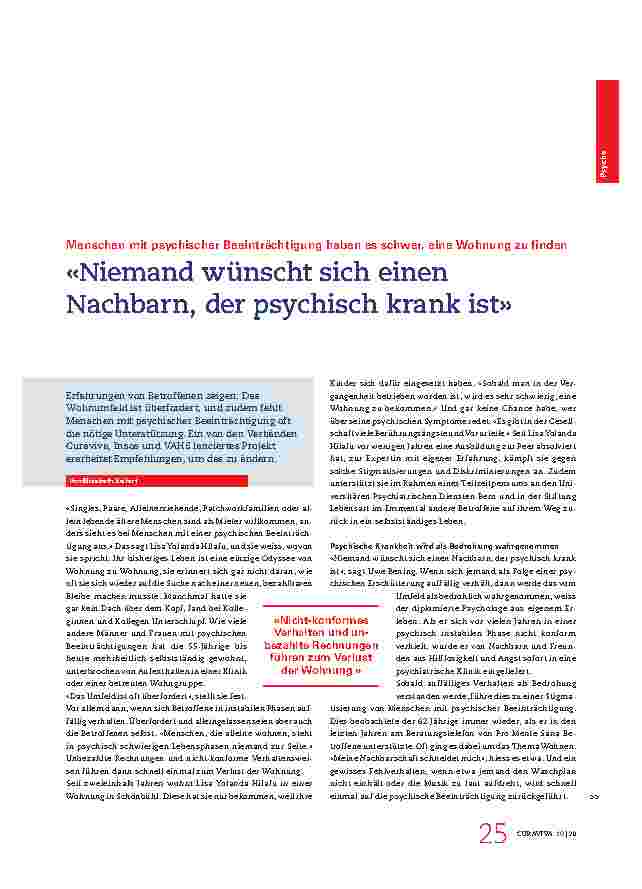 Vorschauseite 1: «Niemand wünscht sich einen Nachbarn, der psychisch krank ist.» Menschen mit psychischer Beeinträchtigung haben es schwer, eine Wohnung zu finden.