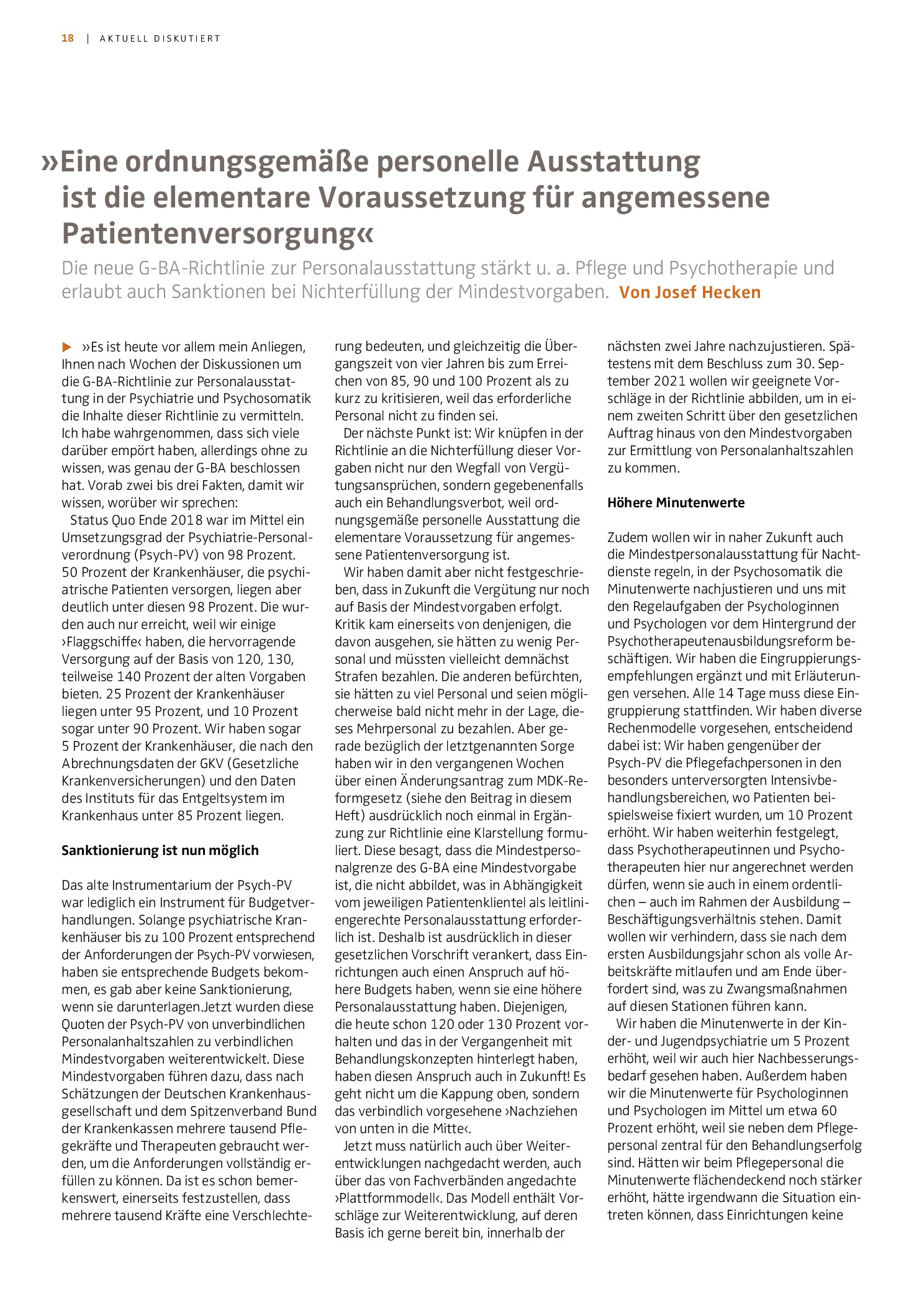 Vorschauseite 1: „Eine ordnungsgemäße personelle Ausstattung ist die elementare Voraussetzung für angemessene Patientenversorgung“