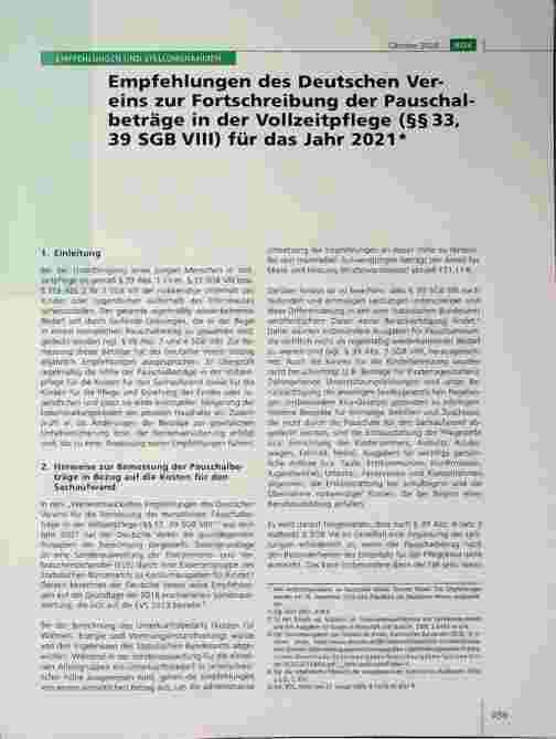Vorschauseite 1: Empfehlungen des Deutschen Vereins zur Fortschreibung der Pauschalbeträge in der Vollzeitpflege (§§ 33, 39 SGB VIII) für das Jahr 2021*