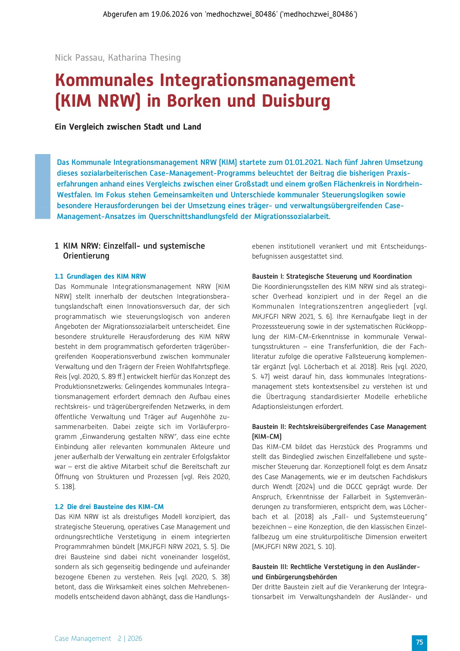 Vorschauseite 1: Kommunales Integrationsmanagement (KIM NRW) in Borken und Duisburg: Ein Vergleich zwischen Stadt und Land