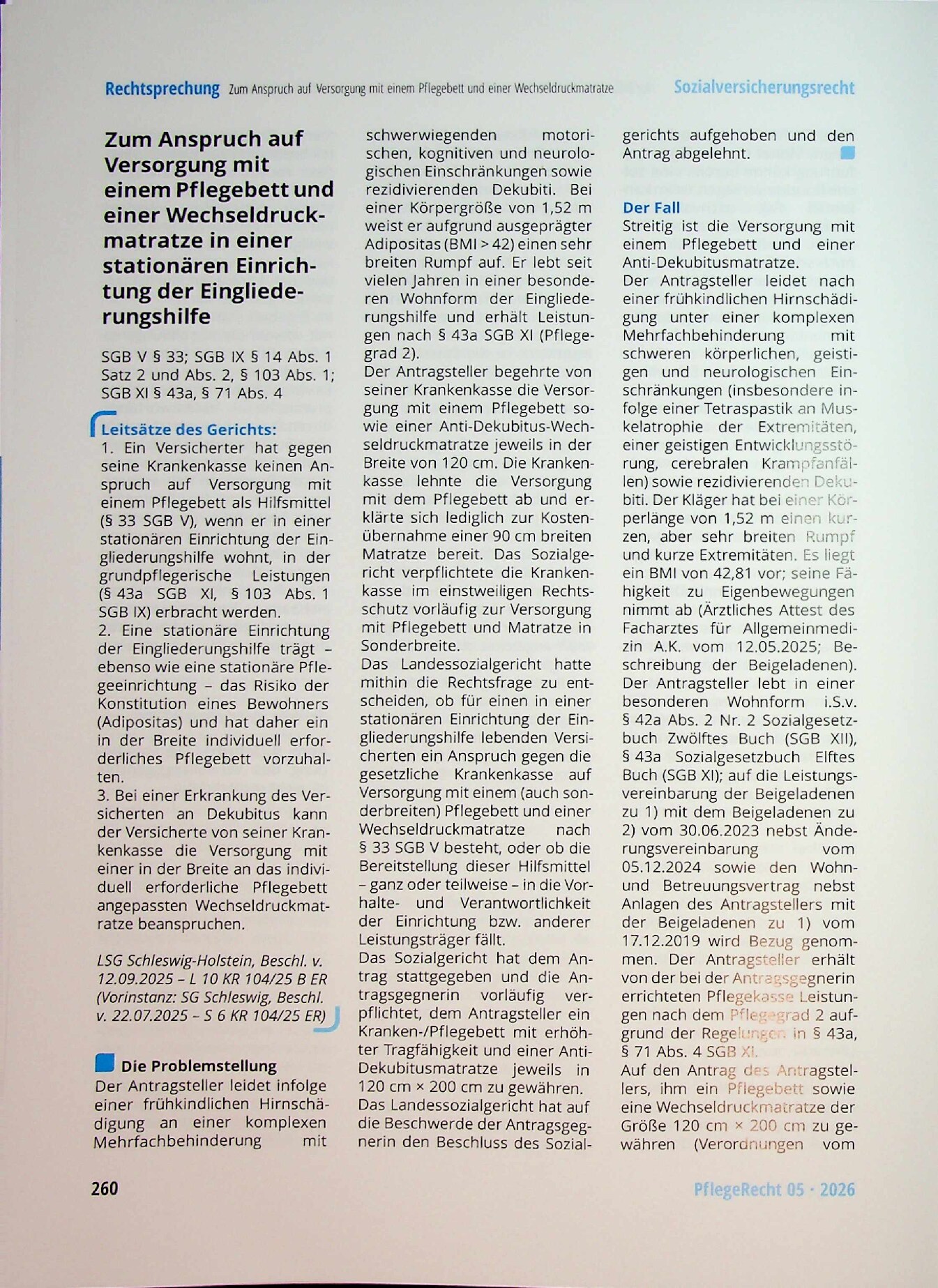 Vorschauseite 1: Zum Anspruch auf Versorgung mit einem Pflegebett und einer Wechseldruckmatratze in einer stationären Einrichtung der Eingliederungshilfe