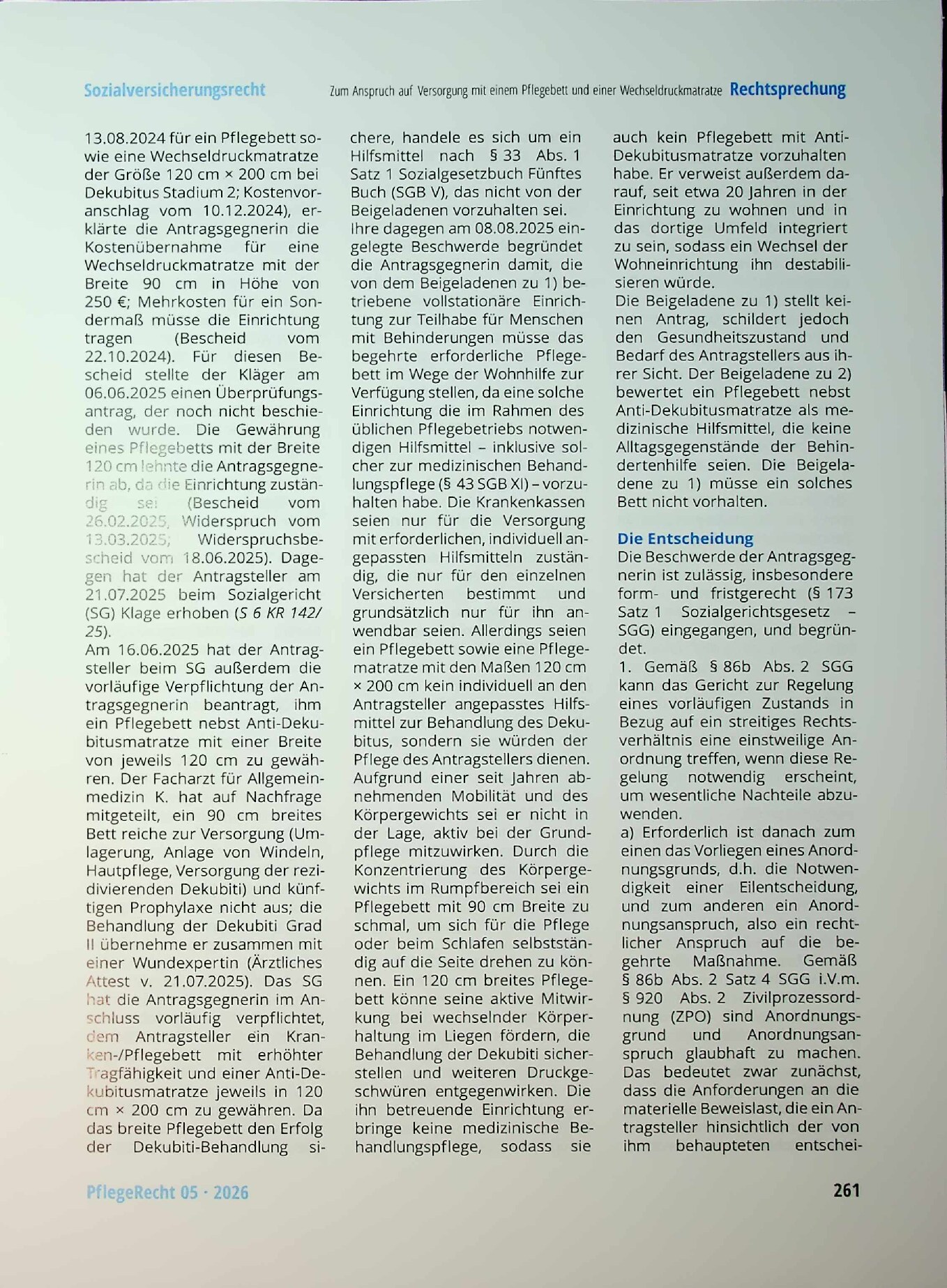 Vorschauseite 2: Zum Anspruch auf Versorgung mit einem Pflegebett und einer Wechseldruckmatratze in einer stationären Einrichtung der Eingliederungshilfe