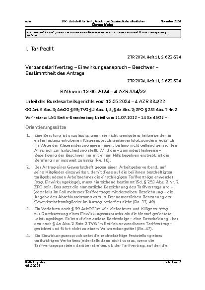 Vorschauseite 1: I. Tarifrecht Verbandstarifvertrag – Einwirkungsanspruch – Beschwerde – Bestimmtheit des Antrags