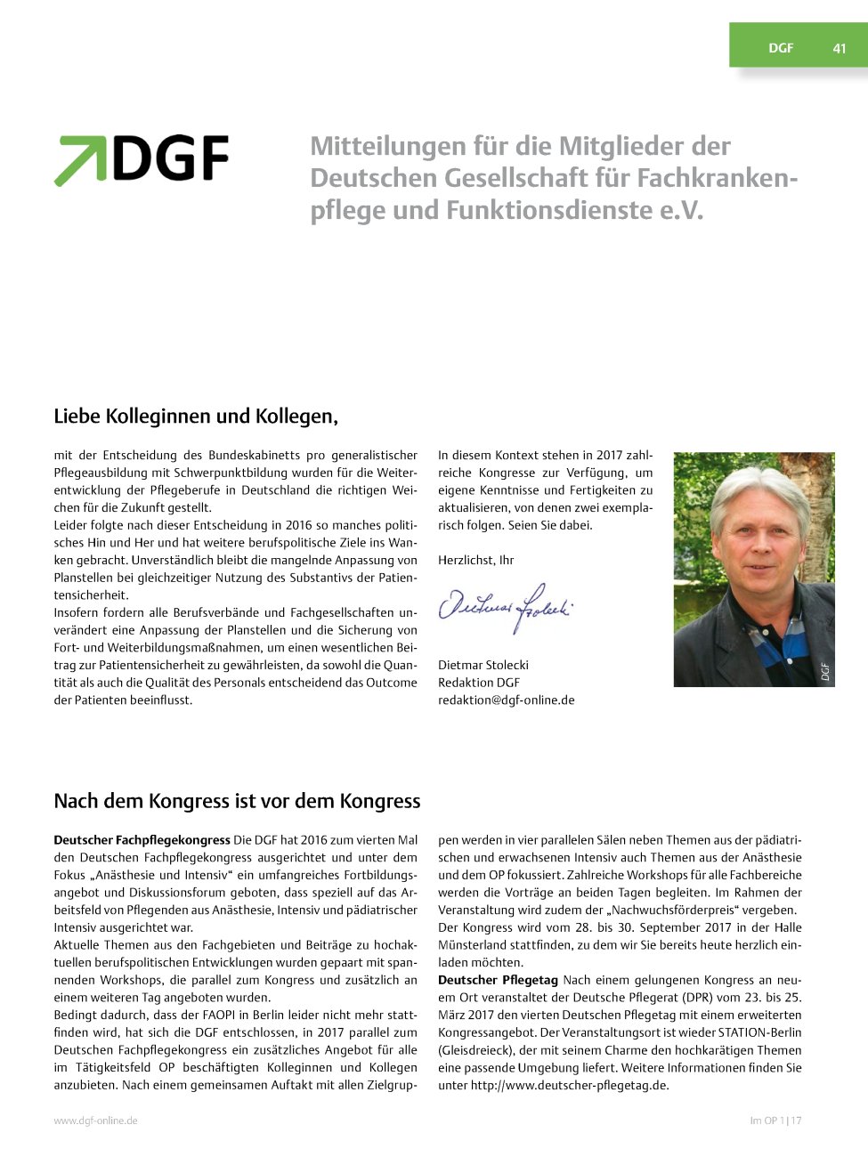 Vorschauseite 1: Mitteilungen für die Mitglieder der Deutschen Gesellschaft für Fachkrankenpflege und Funktionsdienste e.V.