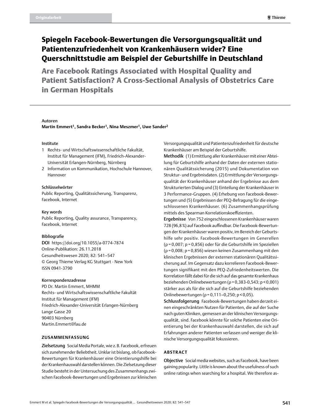 Vorschauseite 1: Spiegeln Facebook-Bewertungen die Versorgungsqualität und Patientenzufriedenheit von Krankenhäusern wider? Eine Querschnittstudie am Beispiel der Geburtshilfe in Deutschland