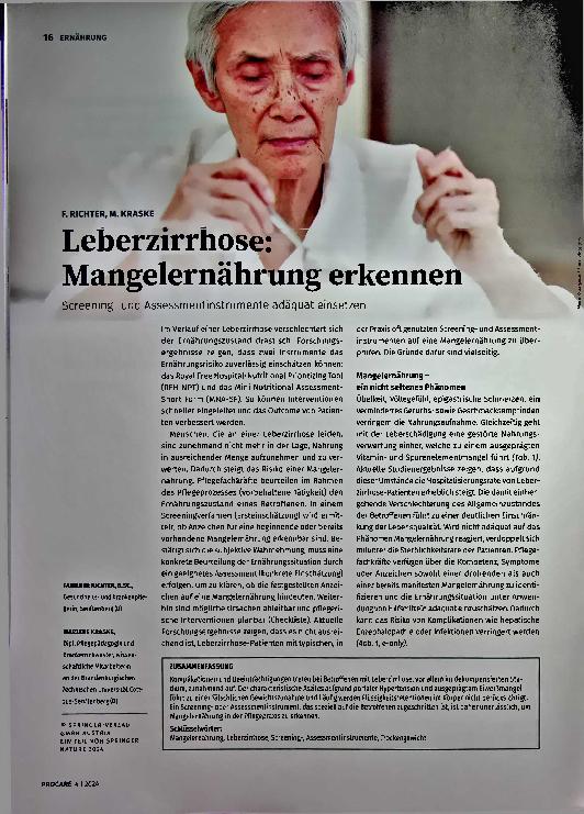 Vorschauseite 1: Leberzirrhose: Mangelernährung erkennen. Screeningund Assessmentinstrumente adäquat einsetzen.