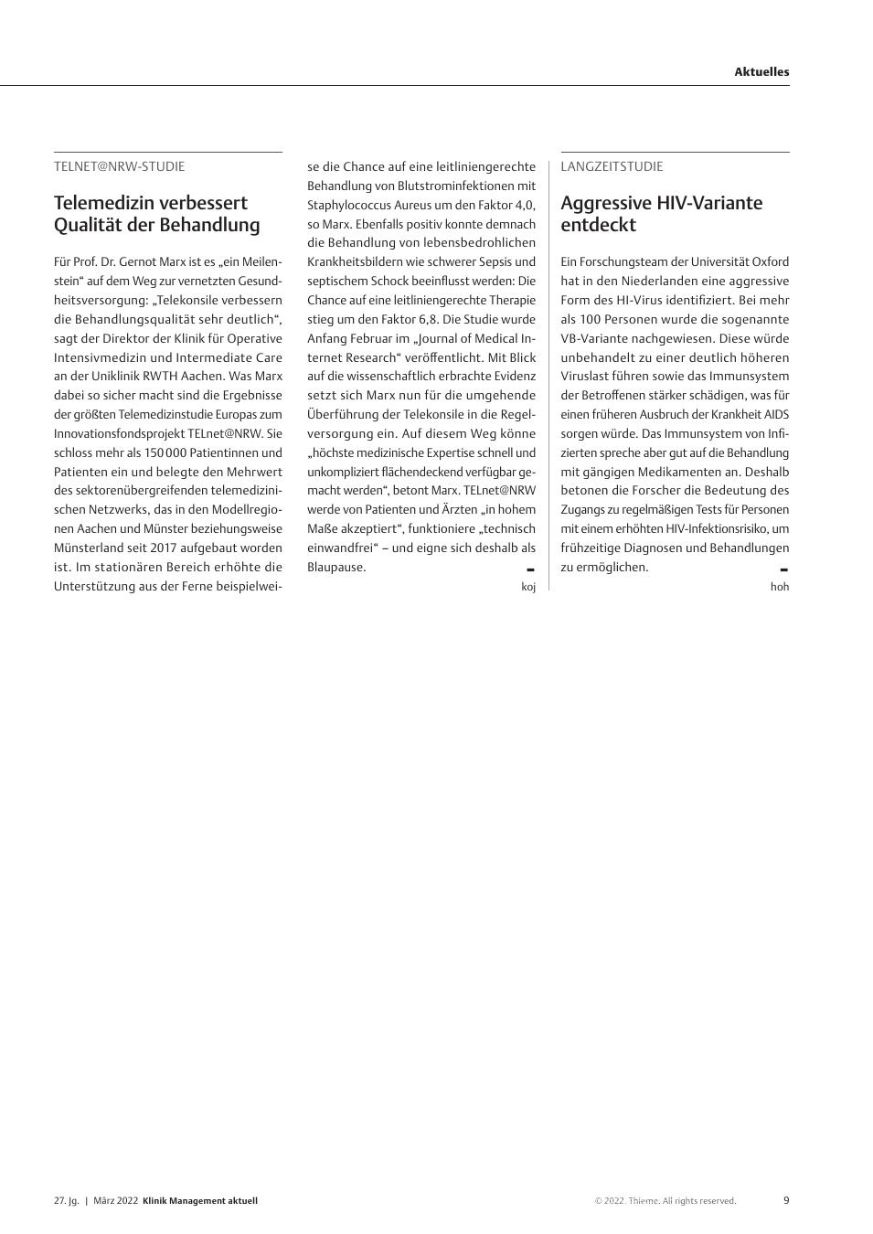 Vorschauseite 1: TELnet@NRW-Studie: Telemedizin verbessert Qualität der Behandlung