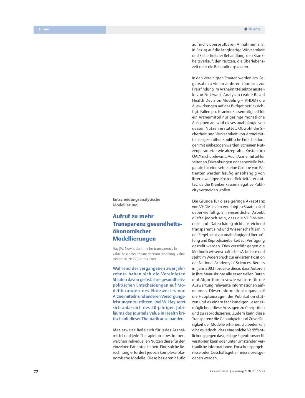 Vorschauseite 1: Entscheidungsanalytische Modellierung - Aufruf zu mehr Transparenz gesundheitsökonomischer Modellierungen