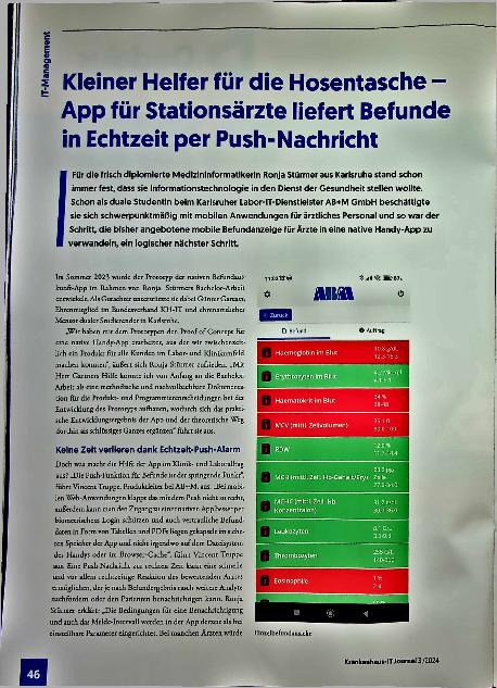 Vorschauseite 1: Kleiner Helfer für die Hosentasche - App für Stationsärzte liefert Befunde in Echtzeit per Push-Nachricht.