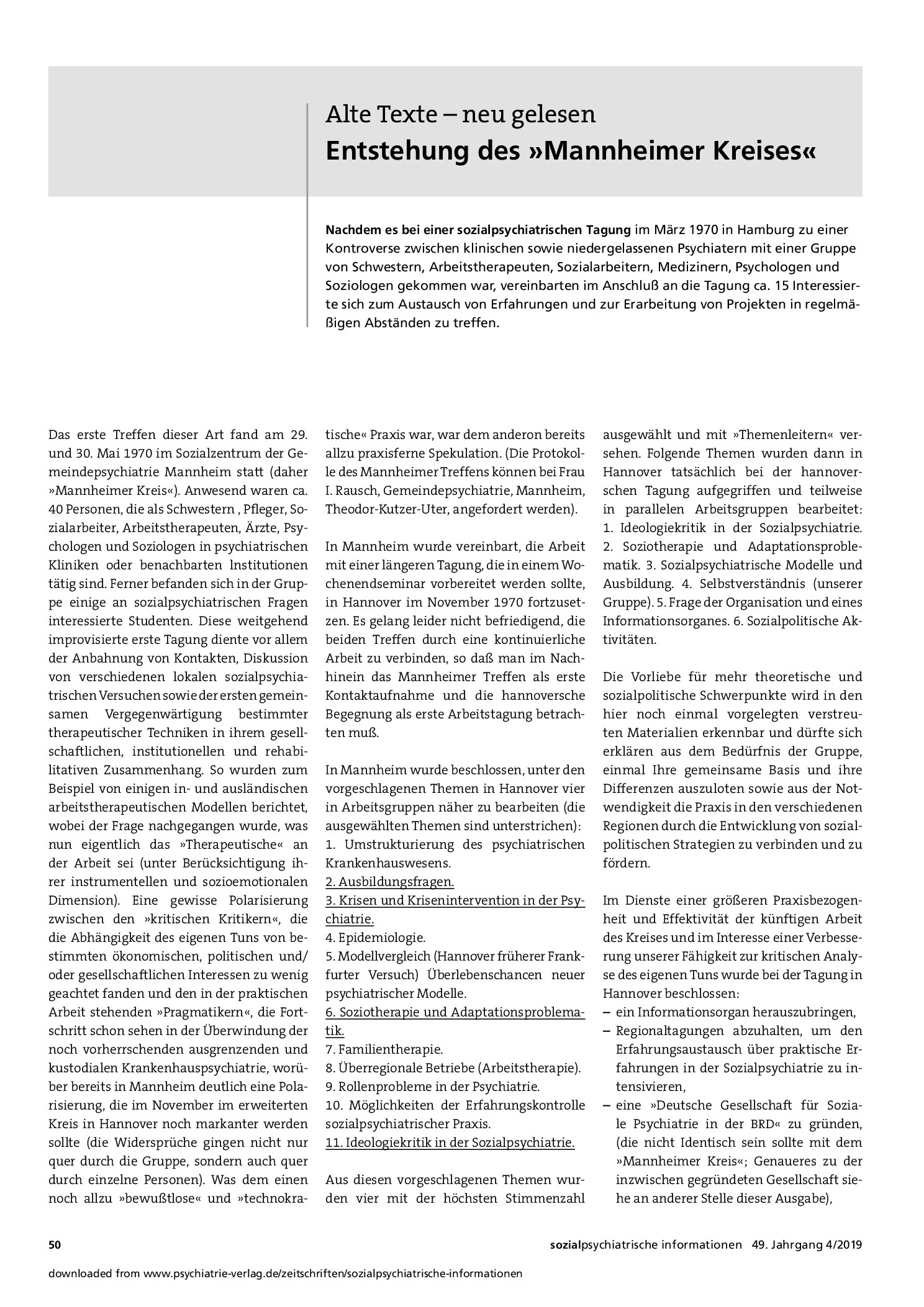 Vorschauseite 1: Entstehung des »Mannheimer Kreises«