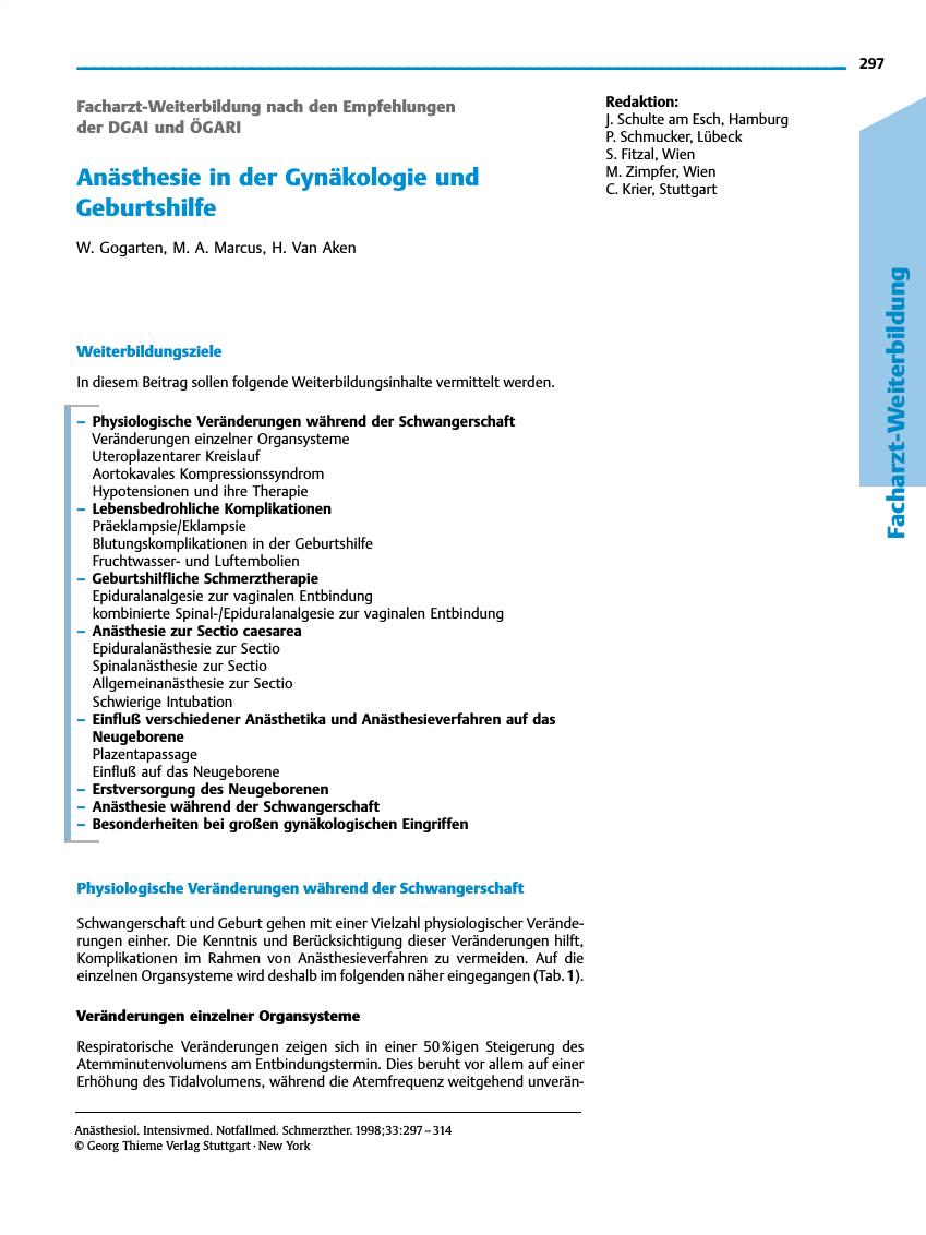 Vorschauseite 1: Anästhesie in der Gynäkologie und Geburtshilfe