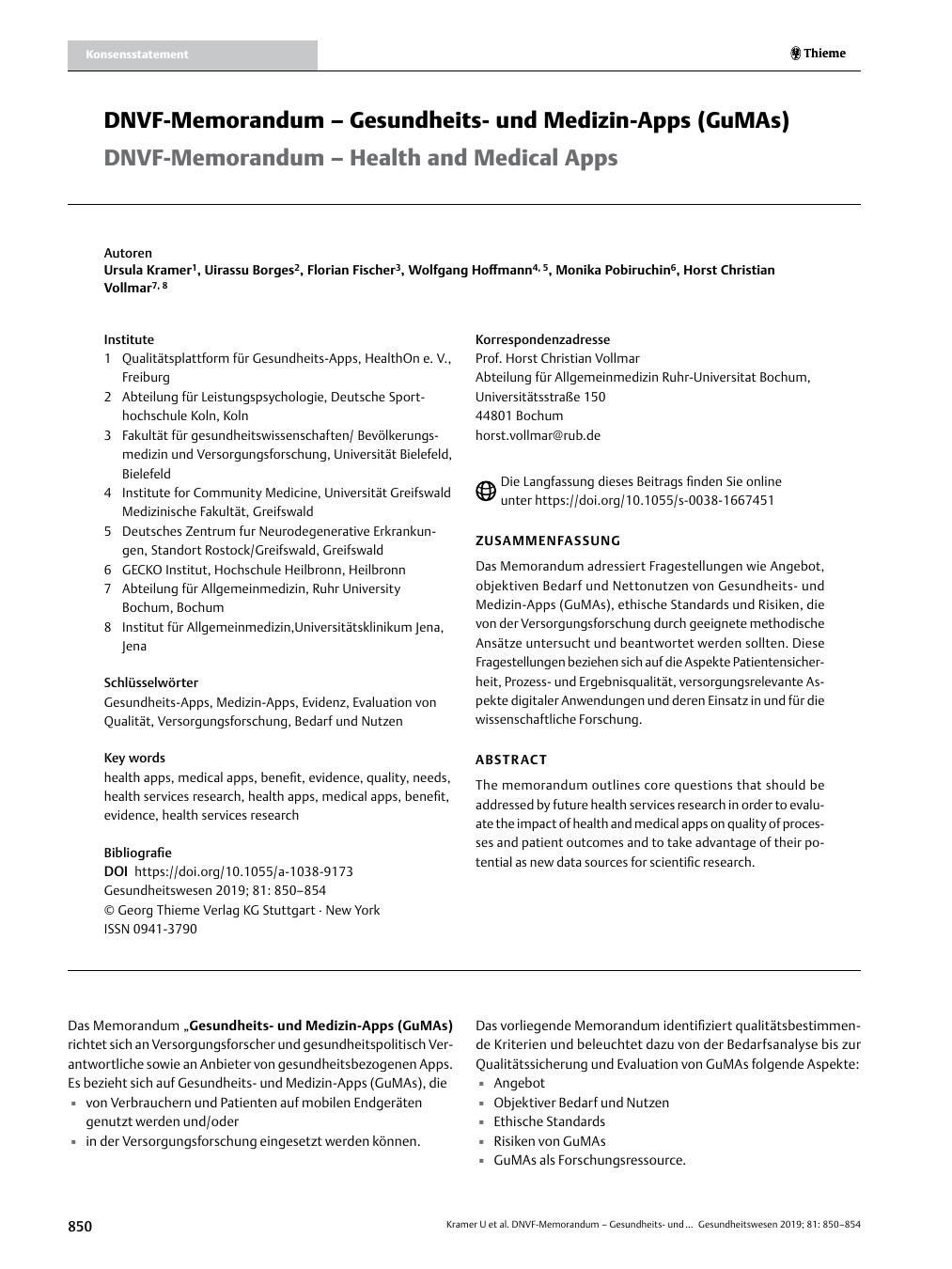 Vorschauseite 1: DNVF-Memorandum – Gesundheitsund Medizin-Apps (GuMAs)