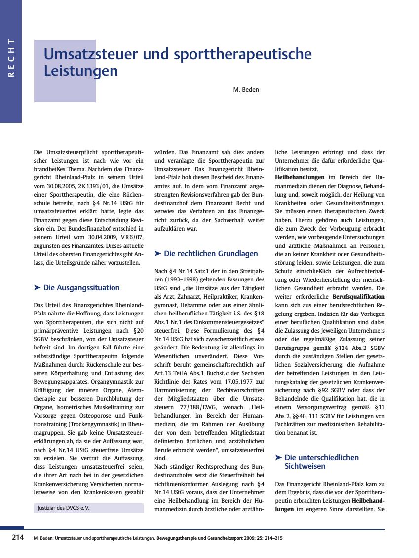 Vorschauseite 1: Umsatzsteuer und sporttherapeutische Leistungen