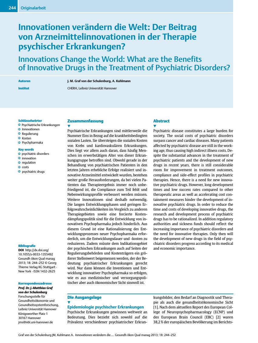 Vorschauseite 1: Innovationen verändern die Welt: Der Beitrag von Arzneimittelinnovationen in der Therapie psychischer Erkrankungen?