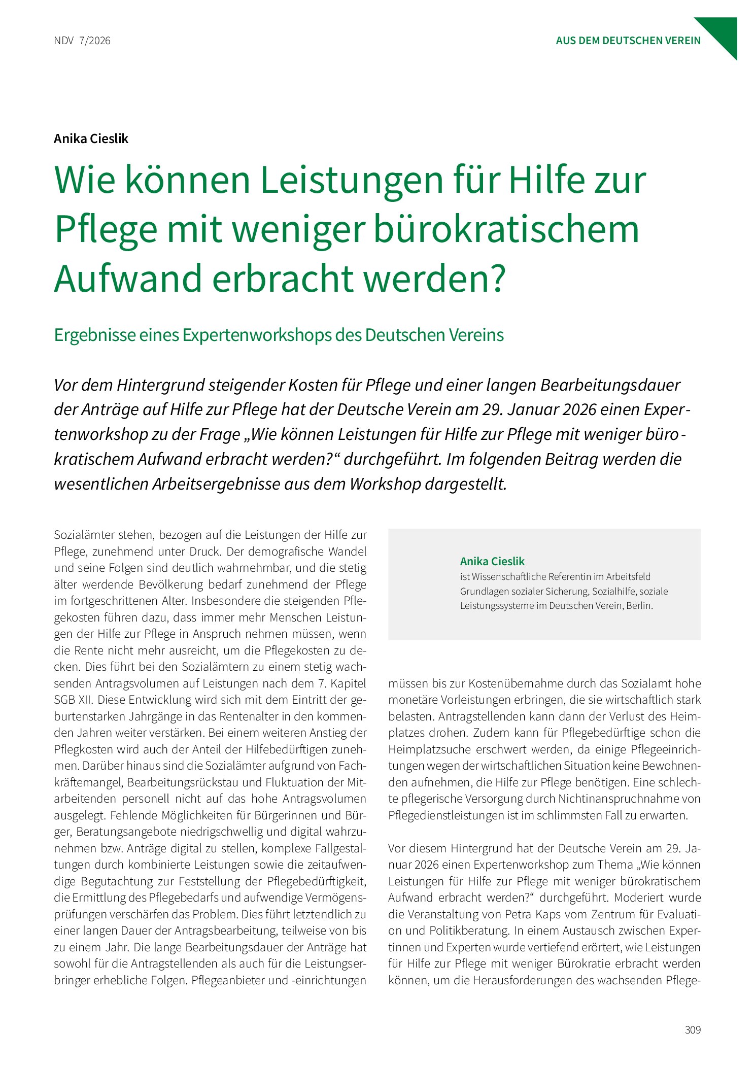 Vorschauseite 1: Wie können Leistungen für Hilfe zur Pflege mit weniger bürokratischem Aufwand erbracht werden? Ergebnisse eines Expertenworkshops des Deutschen Vereins