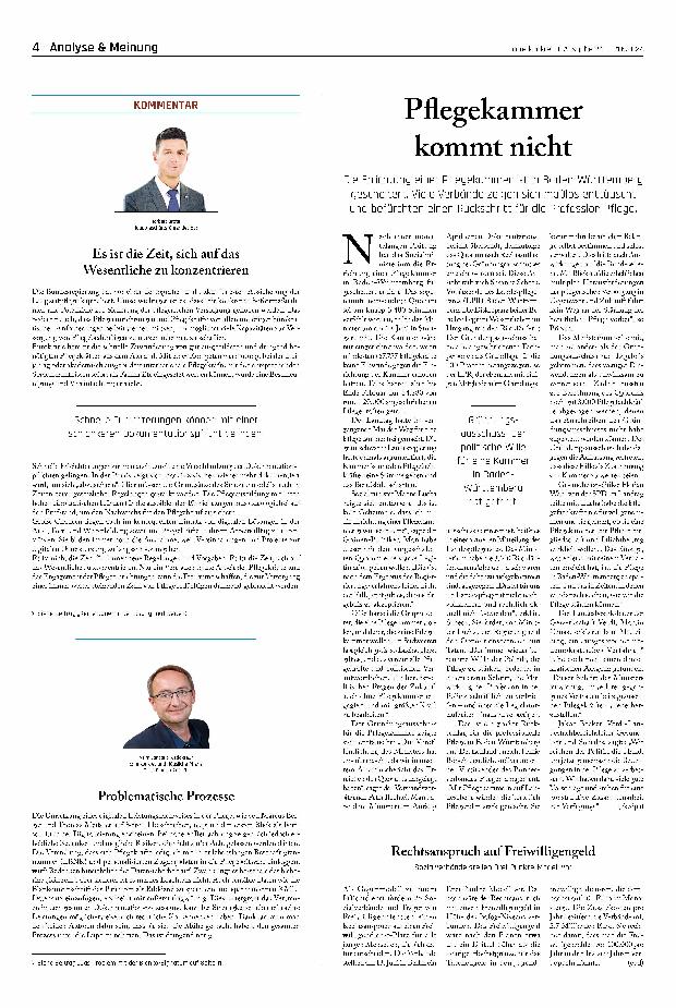 Vorschauseite 1: Pflegekammer kommt nicht.