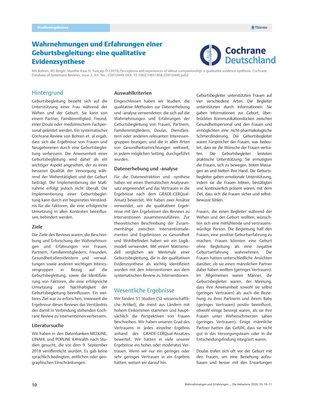 Vorschauseite 1: Wahrnehmungen und Erfahrungen einer Geburtsbegleitung: eine qualitative Evidenzsynthese