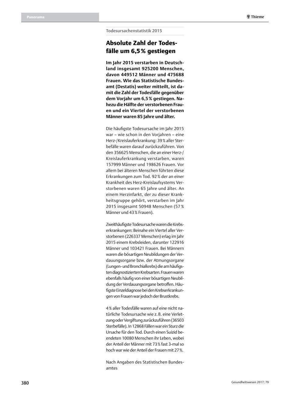 Vorschauseite 1: Absolute Zahl der Todesfälle um 6,5% gestiegen