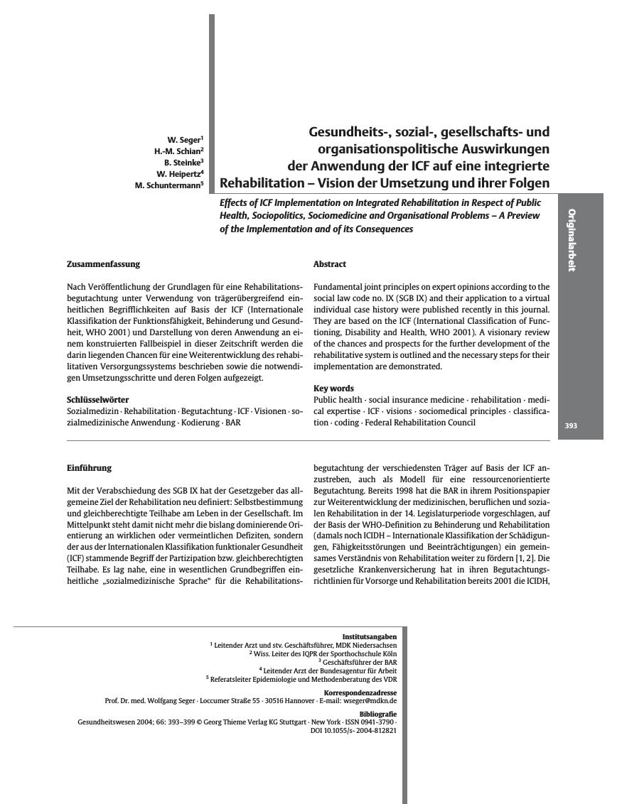 Vorschauseite 1: Gesundheits-, sozial-, gesellschaftsund organisationspolitische Auswirkungen der Anwendung der ICF auf eine integrierte Rehabilitation - Vision der Umsetzung und ihrer Folgen