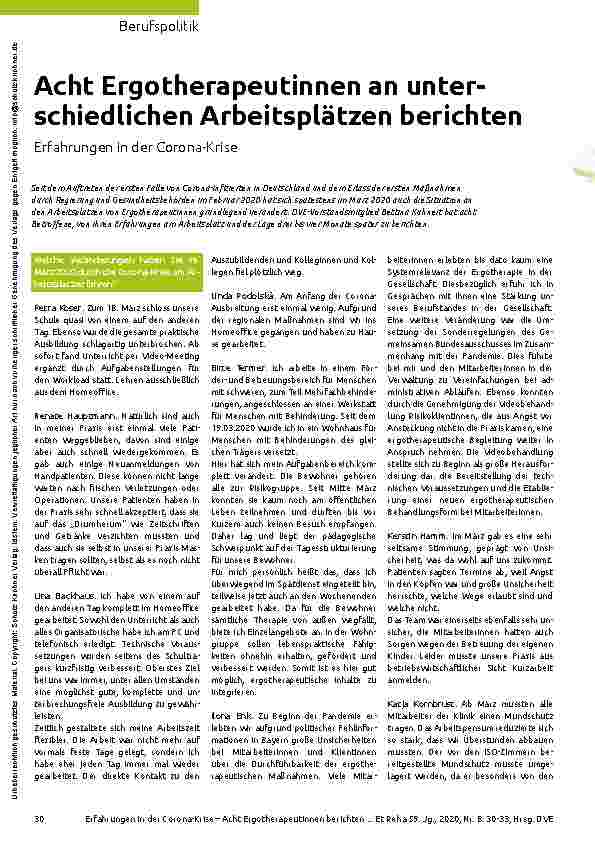 Vorschauseite 1: Acht Ergotherapeutinnen an unterschiedlichen Arbeitsplätzen berichten über ihre Erfahrungen in der Corona-Krise.