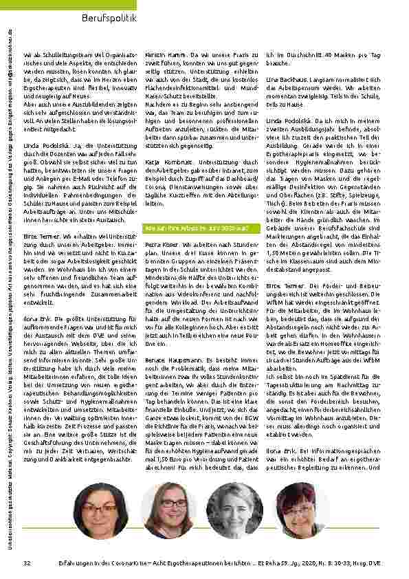 Vorschauseite 3: Acht Ergotherapeutinnen an unterschiedlichen Arbeitsplätzen berichten über ihre Erfahrungen in der Corona-Krise.