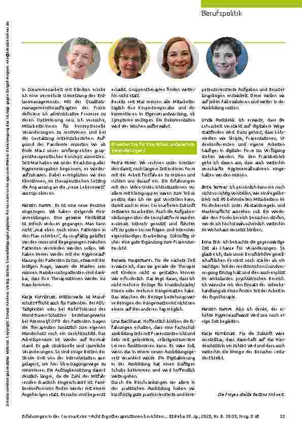 Vorschauseite 4: Acht Ergotherapeutinnen an unterschiedlichen Arbeitsplätzen berichten über ihre Erfahrungen in der Corona-Krise.