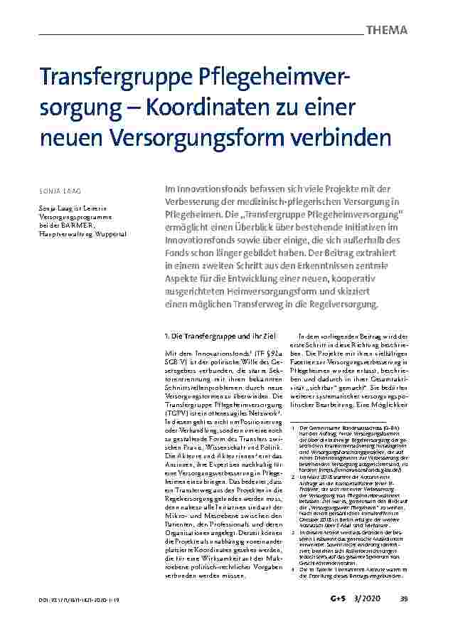 Vorschauseite 1: Transfergruppe Pflegeheimversorgung – Koordinaten zu einer neuen Versorgungsform verbinden