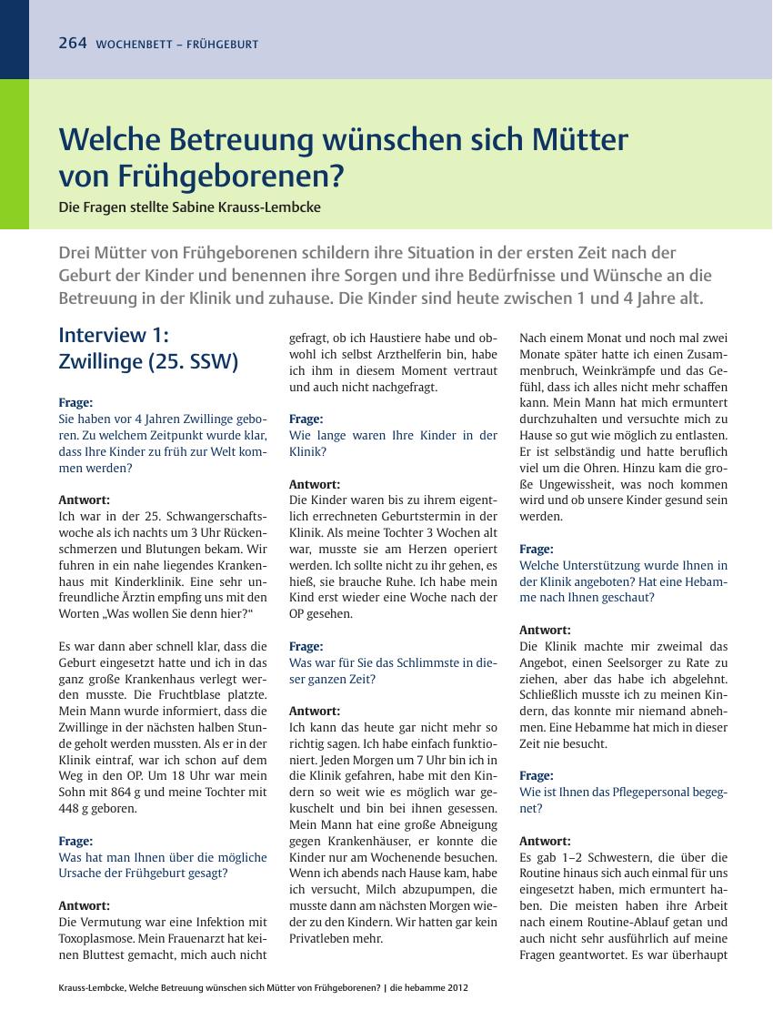Vorschauseite 1: Welche Betreuung wünschen sich Mütter von Frühgeborenen?