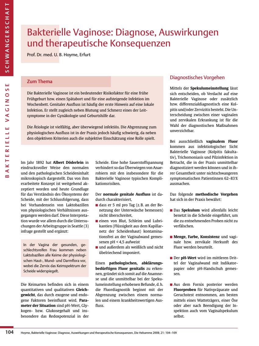 Vorschauseite 1: Bakterielle Vaginose: Diagnose, Auswirkungen und therapeutische Konsequenzen