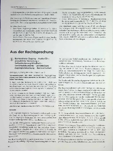 Vorschauseite 1: Aus der Rechtsprechung Z§\ Barrierefreier Zugang - Audio-CD - anwaltliche Vertretung - Sehbehinderung/Blindheit - Gerichtsdokumente - unmittelbare Zugänglichmachung - Barrierefrei…