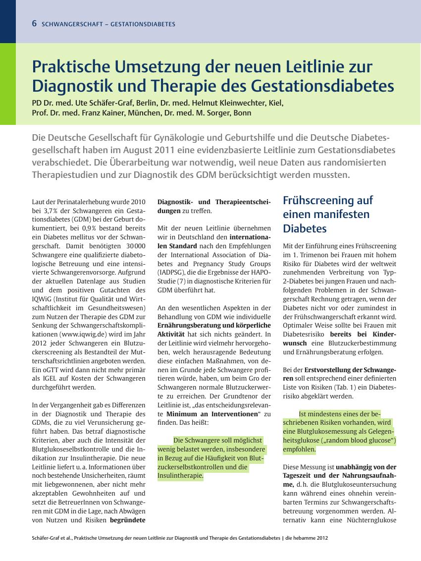Vorschauseite 1: Praktische Umsetzung der neuen Leitlinie zur Diagnostik und Therapie des Gestationsdiabetes