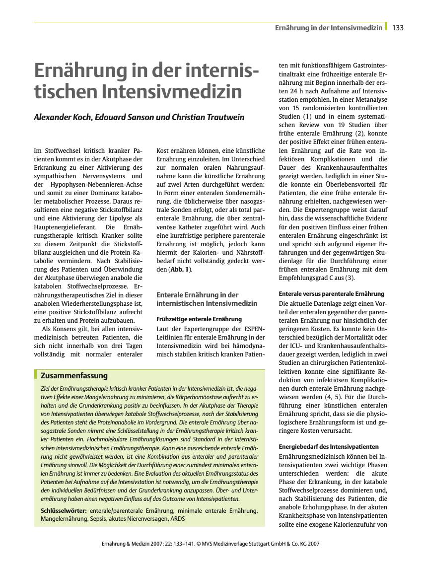 Vorschauseite 1: Ernährung in der internistischen Intensivmedizin