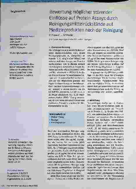 Vorschauseite 1: Bewertung möglicher störender Einflüsse auf Proteinassays durch Reinigungsmittelrückstände auf Medizinprodukten nach der Reinigung