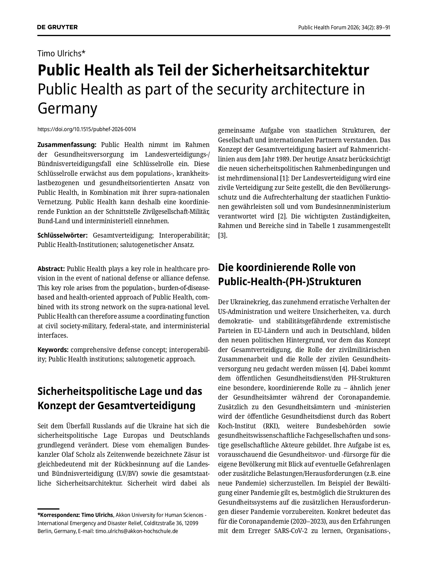 Vorschauseite 1: Public Health als Teil der Sicherheitsarchitektur