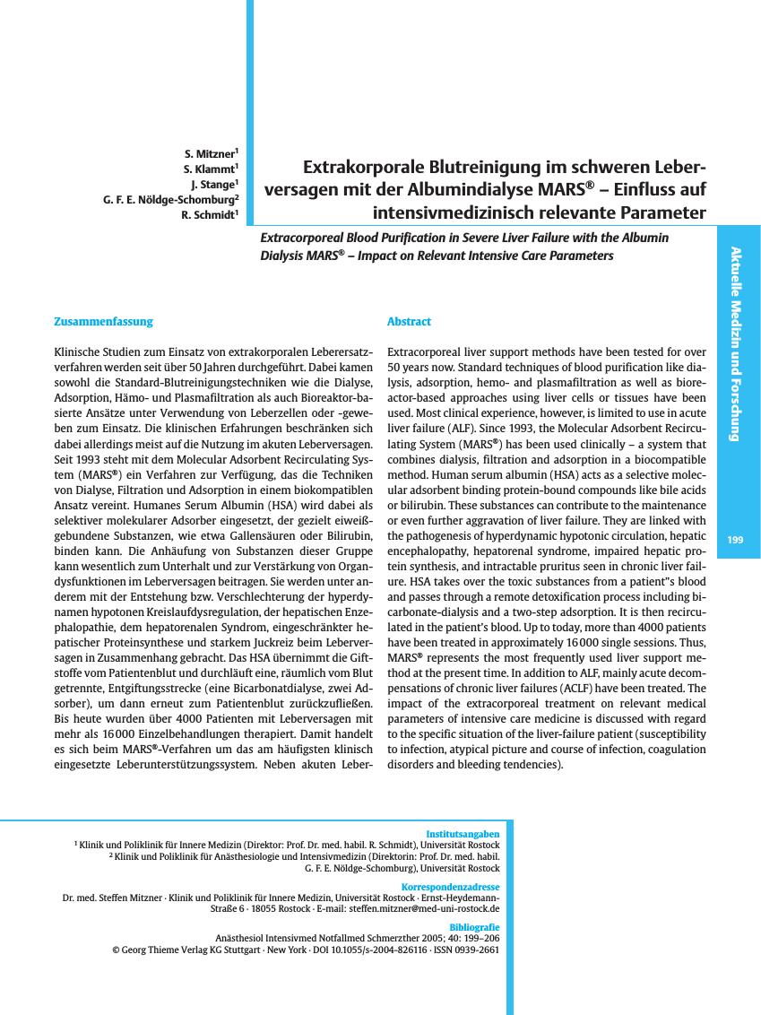 Vorschauseite 1: Extrakorporale Blutreinigung im schweren Leberversagen mit der Albumindialyse MARS® - Einfluss auf intensivmedizinisch relevante Parameter