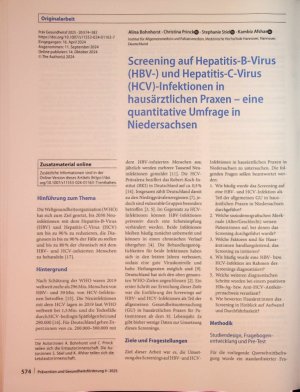 Vorschauseite 1: Screening auf Hepatitis-B-Virus (HBV-) und Hepatitis-C-Virus (HCV)-lnfektionen in hausärztlichen Praxen - eine quantitative Umfrage in Niedersachsen