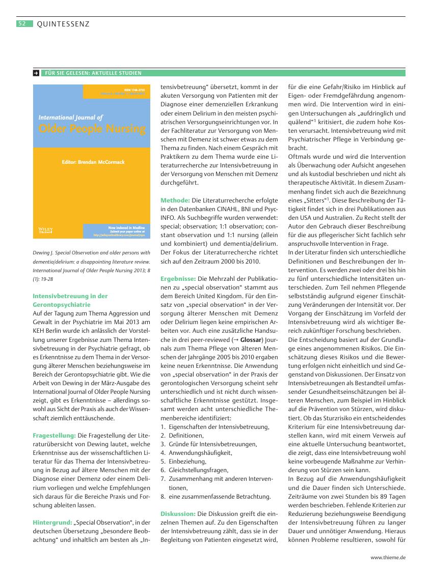 Vorschauseite 1: Special Observation and older persons with dementia/delirium: a disappointing literature review