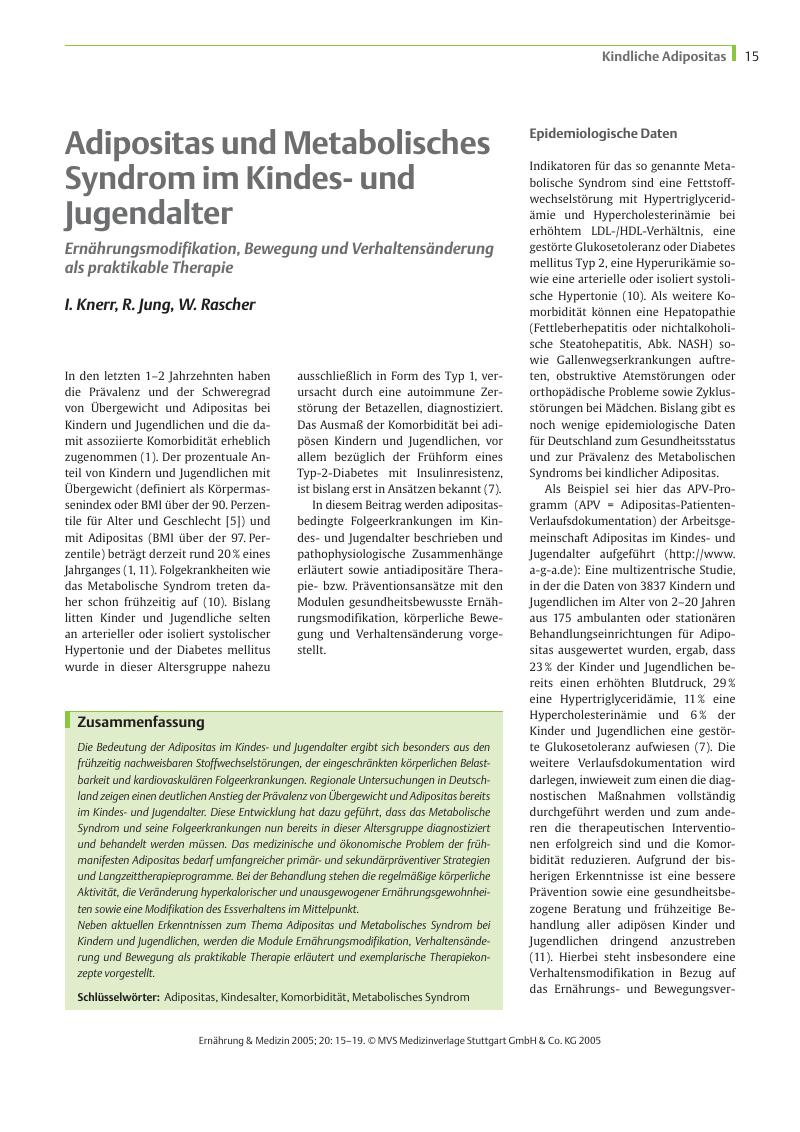 Vorschauseite 1: Adipositas und Metabolisches Syndrom im Kindesund Jugendalter