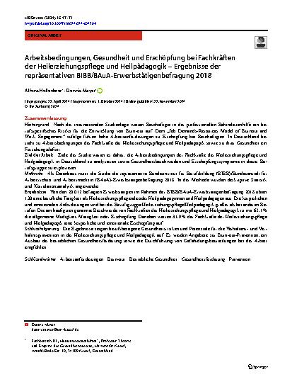 Vorschauseite 1: Arbeitsbedingungen, Gesundheit und Erschöpfung bei Fachkräften der Heilerziehungspflege und Heilpädagogik – Ergebnisse der repräsentativen BIBB/BAuA-Erwerbstätigenbefragung 2018