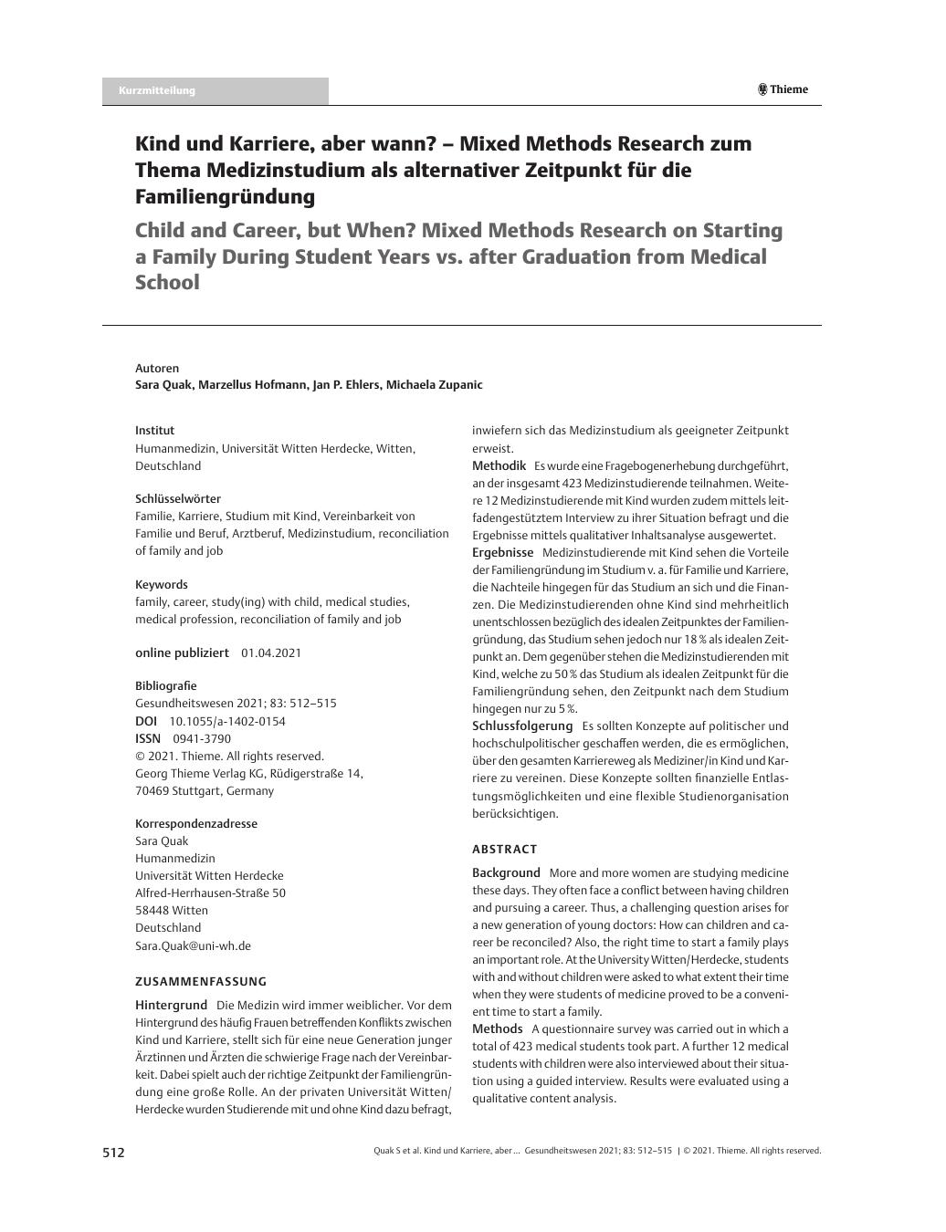 Vorschauseite 1: Kind und Karriere, aber wann? – Mixed Methods Research zum Thema Medizinstudium als alternativer Zeitpunkt für die Familiengründung