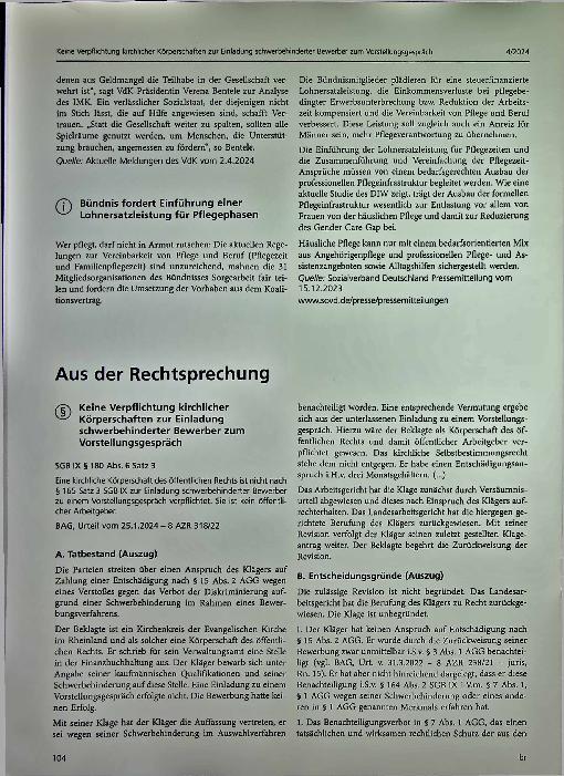 Vorschauseite 1: Aus der Rechtsprechung: Keine Verpflichtung kirchlicher Körperschaften zur Einladung schwerbehinderter Bewerber zum Vorstellungsgespräch.