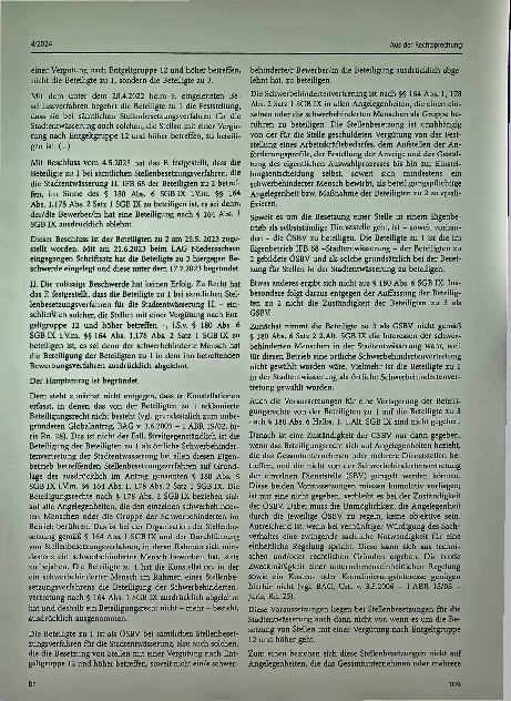 Vorschauseite 6: Aus der Rechtsprechung: Keine Verpflichtung kirchlicher Körperschaften zur Einladung schwerbehinderter Bewerber zum Vorstellungsgespräch.