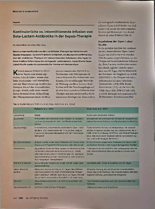 Vorschauseite 1: Kontinuierliche vs. intermittierende Infusion von Beta-Lactam-Antibiotika in der Sepsis-Therapie